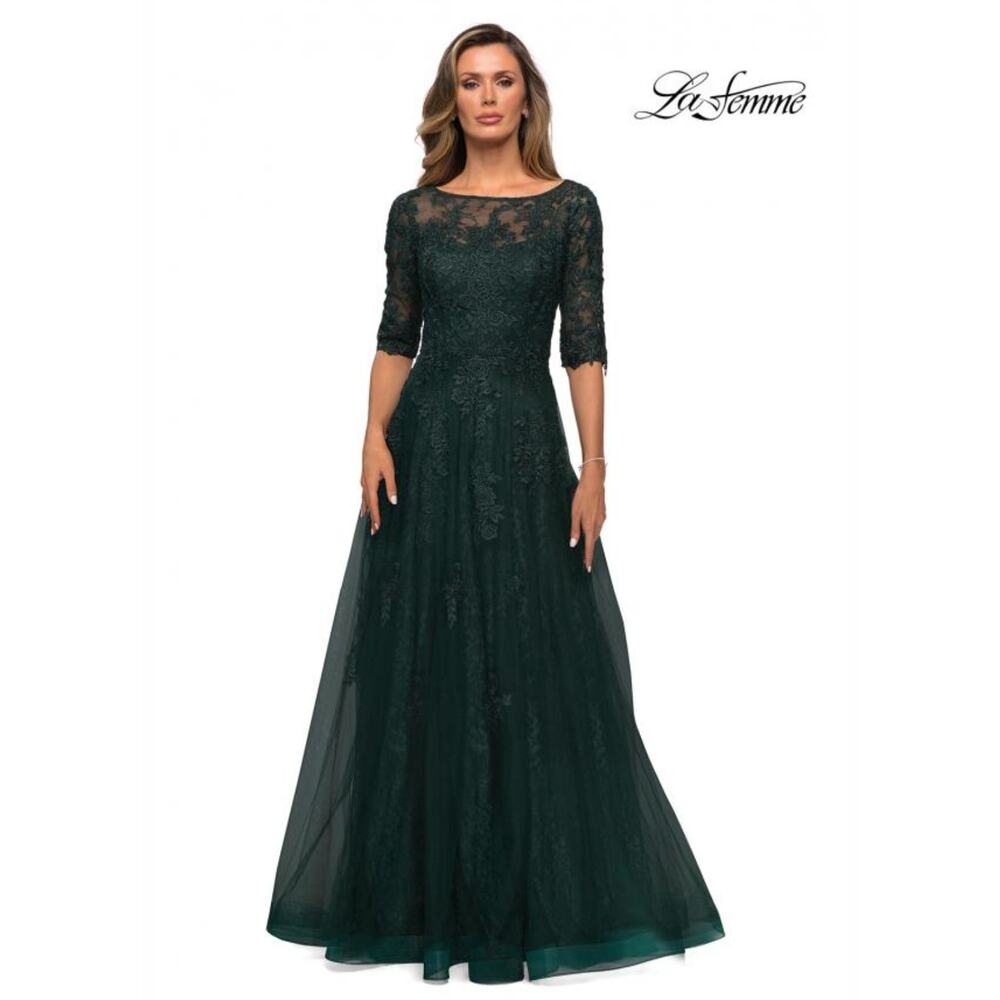 La Femme Emerald Floral Lace Sequin Short Sleeve A-Line Maxi Gown - 16 NWT
